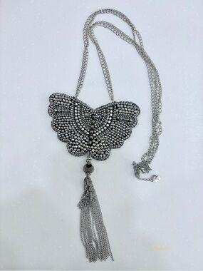 Silver Beaded Butterfly Pendant Necklace with Tassel